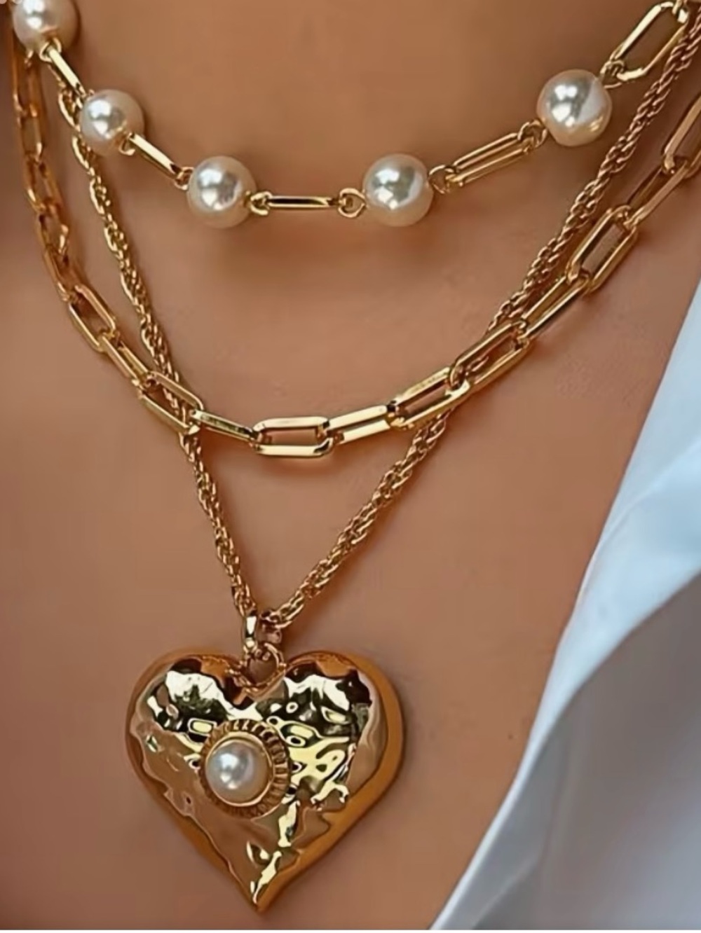 💛 NEW Gold & Faux Pearl Layered Heart Pendant Necklace Fashionable 💛